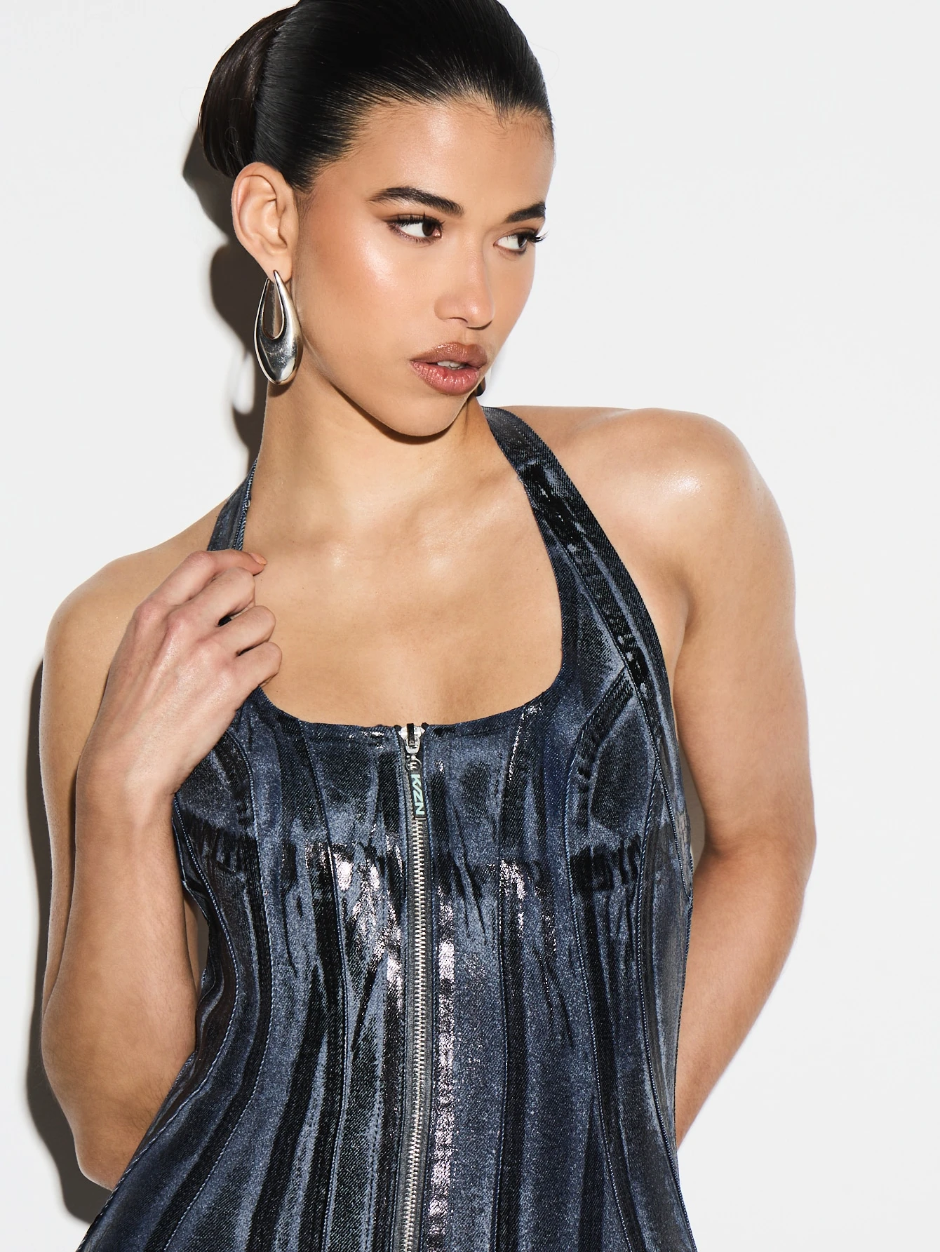 KIZN Coated Denim Halter Corset Mini Dress