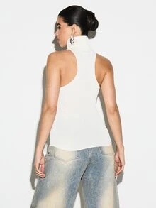 KIZN Áo tank top cổ cao không tay dệt gân với chi tiết viền nhún, thích hợp mặc lót bên trong vào mùa thu đông xuân, kiểu dáng thường ngày. - Màu be - Xem 2