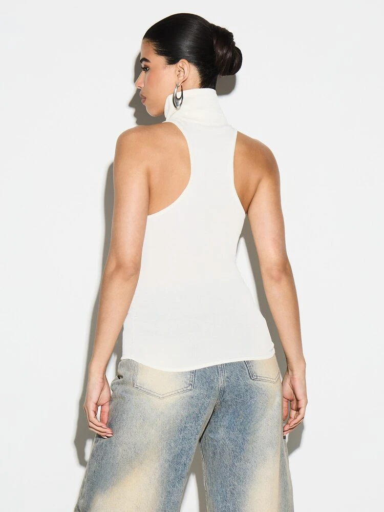 KIZN Ribbed Turtleneck Sleeveless Tank With Ruched Hem