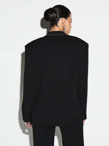 KIZN Blazer à double boutonnage avec revers entaillés, manches longues cloutées, œillets métalliques et épaules structurées, pour occasions professionnelles et formelles - Noir - Voir 2