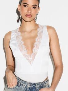 KIZN Women's Plunging Satin Bodysuit With Delicate Lace Trim Deep V-Neck Sleeveless Date Night Evening Wear - White - View 5