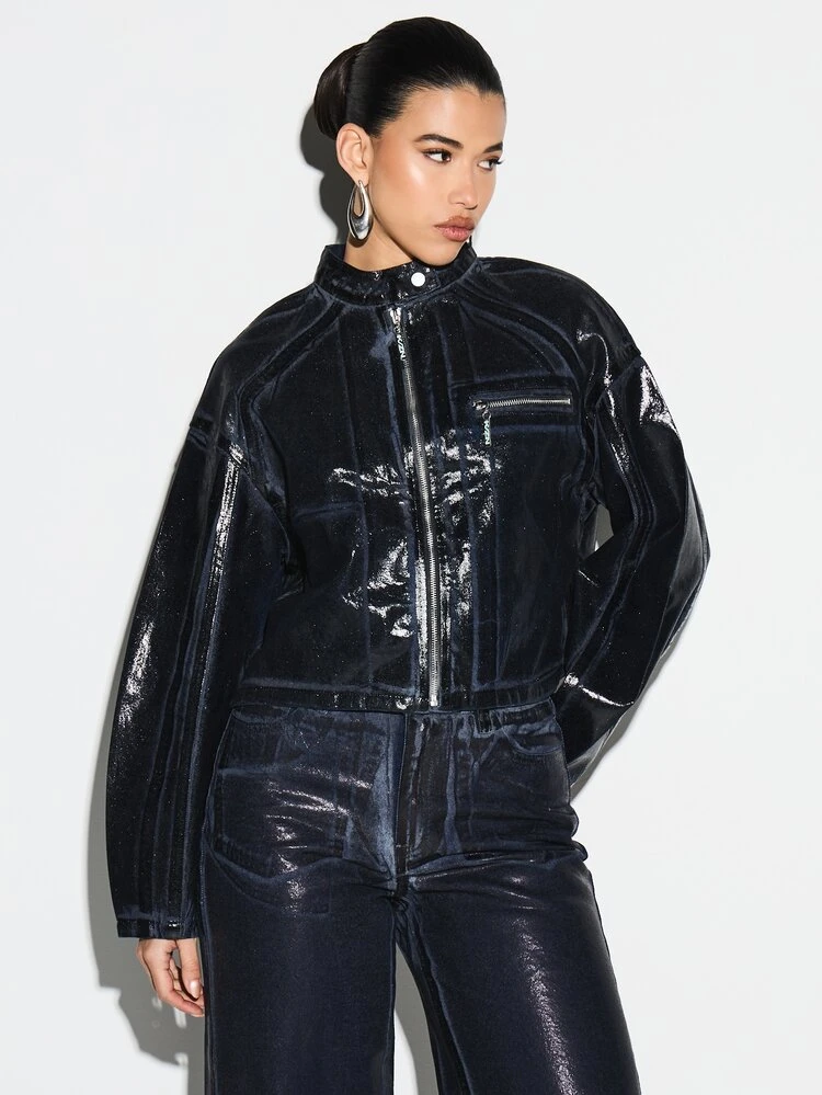KIZN Coated Denim Biker Jacket With Glossy Finish