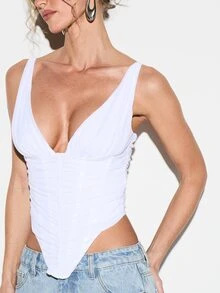KIZN Deep Plunge V Neck Mesh Corset Camisole Top With Ruching And Side Cutouts For Summer Parties For Valentine's Day - White - View 5