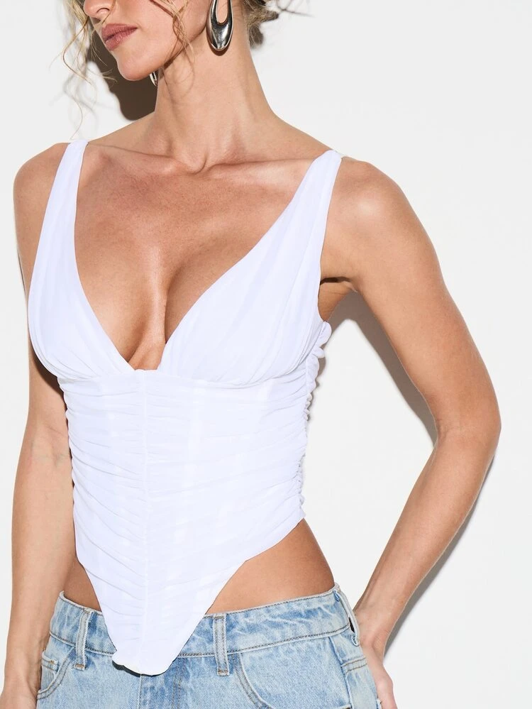 KIZN Deep Plunge V Neck Mesh Corset Camisole Top With Ruching And Side Cutouts For Summer Parties For Valentine's Day