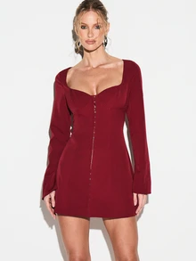 KIZN Hook And Eye Corset Bodycon Long Sleeve Mini Dress With Sweetheart Neckline Button Front Detail Fall Winter Party For Valentine's Day - Burgundy - View 1