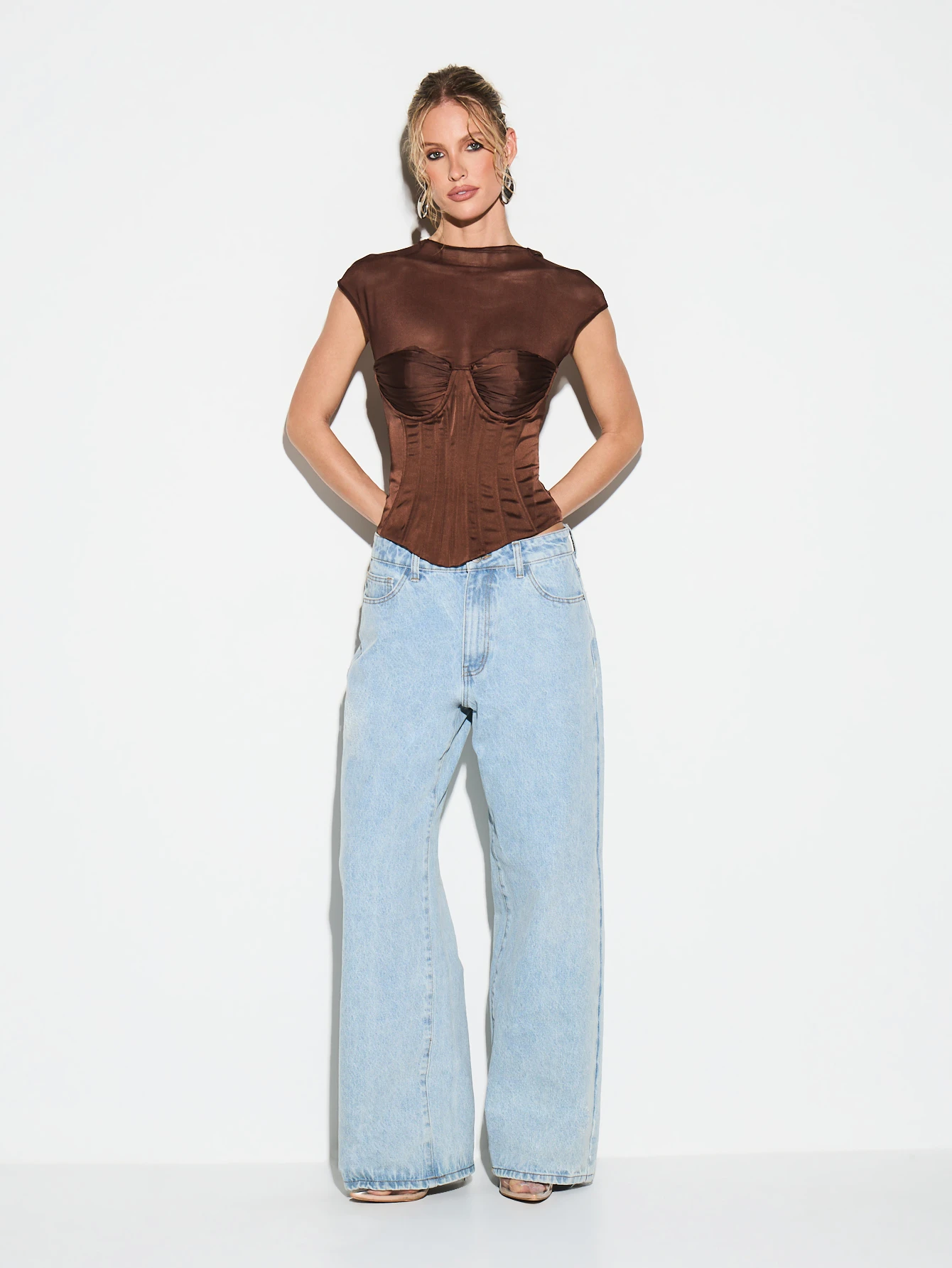 KIZN Brown Corset Top With Mesh