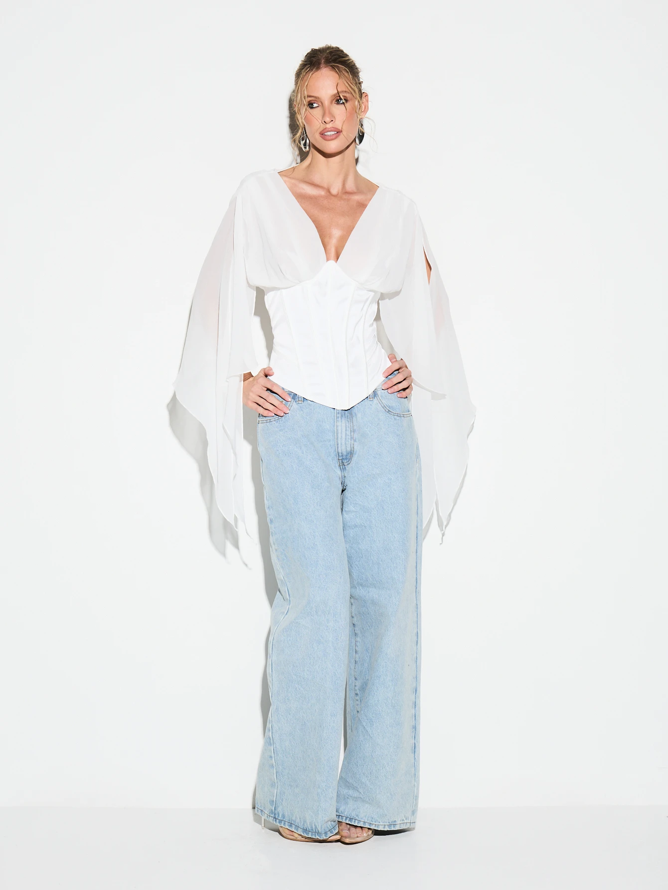 KIZN Satin Chiffon Corset Top With Bell Sleeves For Valentine's Day