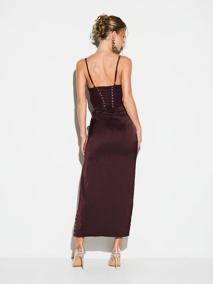 KIZN Burgundy Corseted Bustier Maxi Dress With Ruched Bodice Lace Up Side Details High Slit Evening Formal Party Dress For Valentine's Day