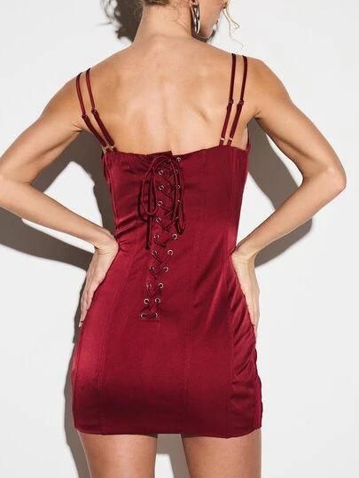 KIZN Burgundy Satin Corset Mini Dress With Double Straps And Lace Up Back  Detail For Party Evening For Valentine's DayMISSGUIDED