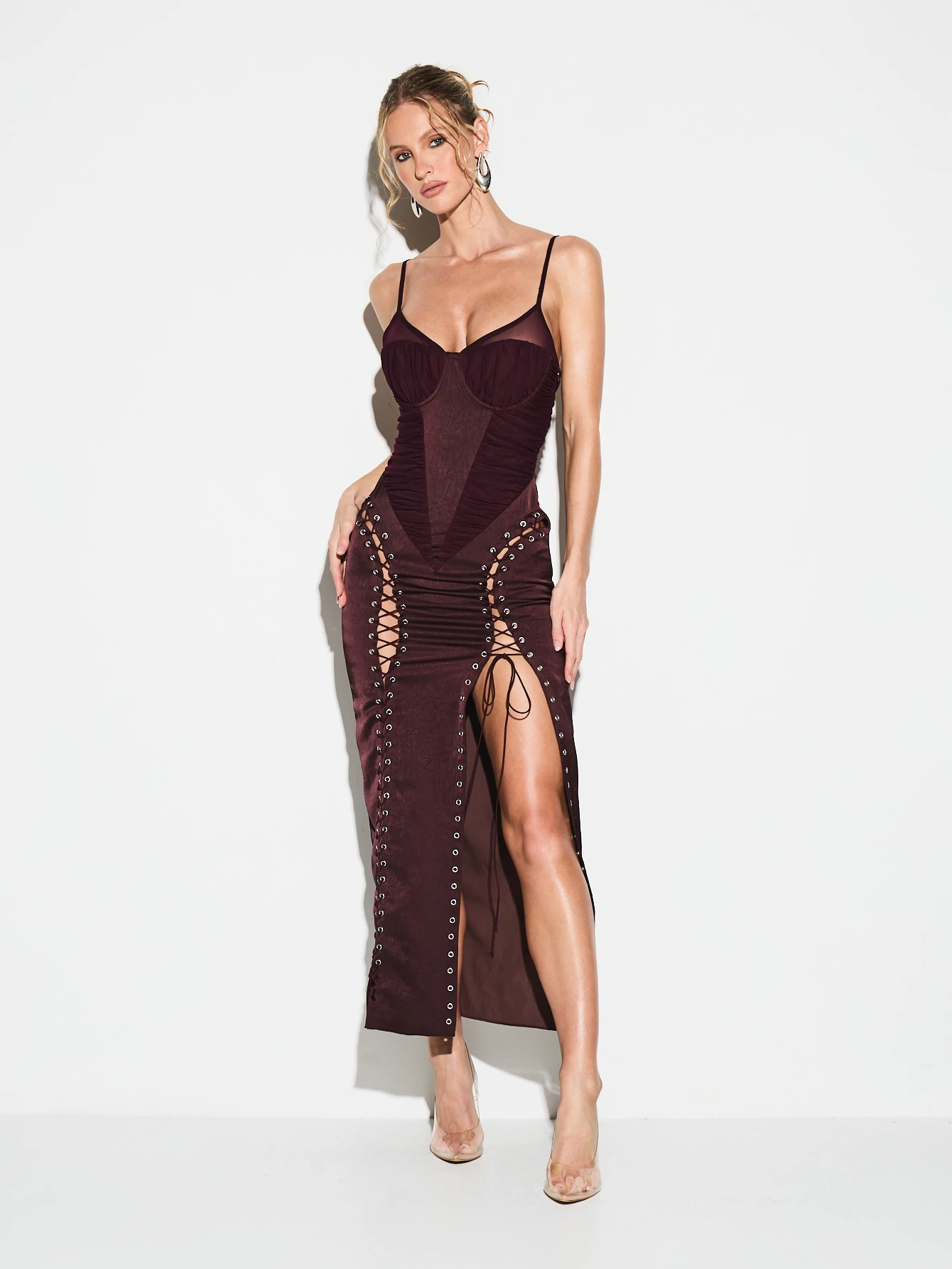 KIZN Vestido largo con abertura y encaje con corsé para San Valentín