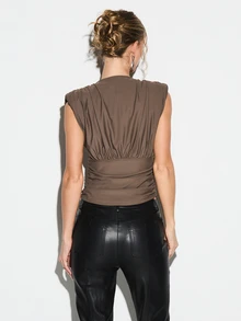 KIZN Deep V-Neck Shoulder Pad Tank Top With Ruched Waist And Plunge Neckline For Evening Party For Valentine's Day - Khaki - View 2