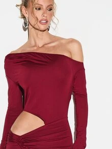 KIZN Đầm ngắn tay dài trễ vai, khoét eo, có chi tiết nhún bèo và dây buộc bên hông, thích hợp cho tiệc tối hoặc ngày Valentine. - Đỏ - Xem 4