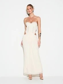 KIZN 无肩带心形领口网纱拼接束身式长款连衣裙，镂空垂褶设计，及地晚礼服，情人节正式礼服 - 米色 - 查看 1