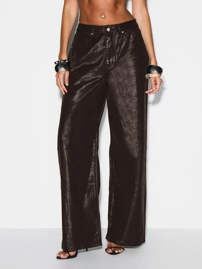 KIZN Coated Denim Wide Leg Jeans High Waisted Metallic Straight Leg Pants Party Evening Club Wear Fashion Statement Bottoms