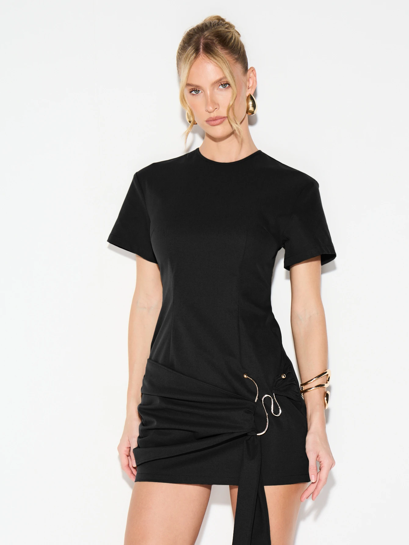 KIZN Short Sleeve Ruched Mini Dress With Drawstring