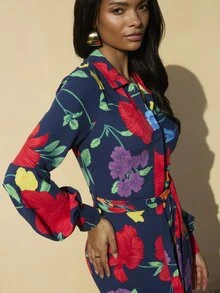 Dancing Leopard Azimba Multicolor Maxi Balloon Sleeve Shirt Dress Navy Meadow Floral, Summer Outfits For Women, Wedding Guest Dress, Holiday Dress, Vacation Dress Women, Garden Party Dress, Date Night Dress, Evening Dress - Multicolor - View 3