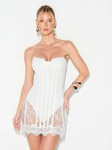 KIZN Strapless Lace Corset Mini Dress With Sweetheart Neckline And Scalloped Hem For Special Occasions - Cream - View 3