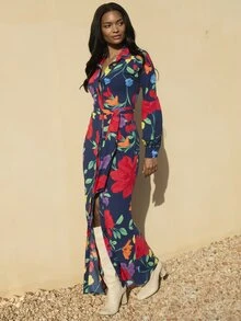 Dancing Leopard Azimba Multicolor Maxi Balloon Sleeve Shirt Dress Navy Meadow Floral, Summer Outfits For Women, Wedding Guest Dress, Holiday Dress, Vacation Dress Women, Garden Party Dress, Date Night Dress, Evening Dress - Multicolor - View 5