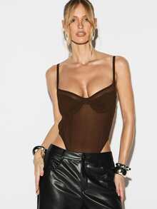 KIZN Mesh Panel Bodysuit With Underwire Bust Support And Adjustable Straps For Evening Occasions - Chocolate Brown - View 1