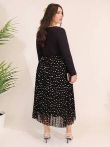 ELLERISSA Plus Size Elegant Polka Dot Print Pleated Midi Dress For Women, Soft Fitted Top Long Sleeves And Pleated Skirt, Dress For Office Wear Or Commuting, Formal Dress, Date Night Dress, Autumn/Winter Women Dress