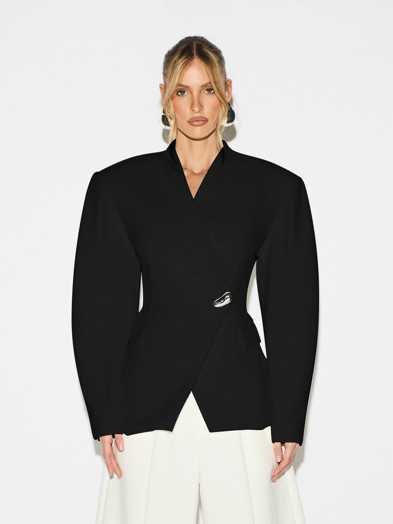 KIZN Shoulder Pad Wrap Blazer With Statement Button