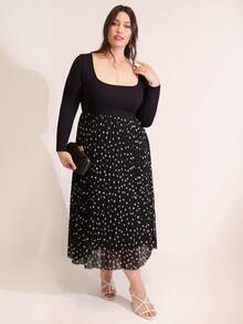 ELLERISSA Plus Size Elegant Polka Dot Print Pleated Midi Dress For Women, Soft Fitted Top Long Sleeves And Pleated Skirt, Dress For Office Wear Or Commuting, Formal Dress, Date Night Dress, Autumn/Winter Women Dress