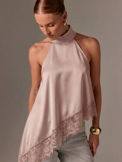 AiiRZ Blusa sin mangas con cuello alto de halter, de satén con detalle de dobladillo de encaje, para primavera y verano