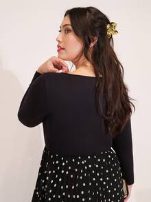 ELLERISSA Plus Size Elegant Polka Dot Print Pleated Midi Dress For Women, Soft Fitted Top Long Sleeves And Pleated Skirt, Dress For Office Wear Or Commuting, Formal Dress, Date Night Dress, Autumn/Winter Women Dress