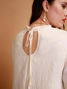 ELLERISSA Plus Size Women'S Workwear High Neck Cream Blouse, Long Blouson Sleeve With Frill Neck, Loose Fit Textured Blouse, Casual Office Street Style,Daily Outings Tops - Apricot - View 2