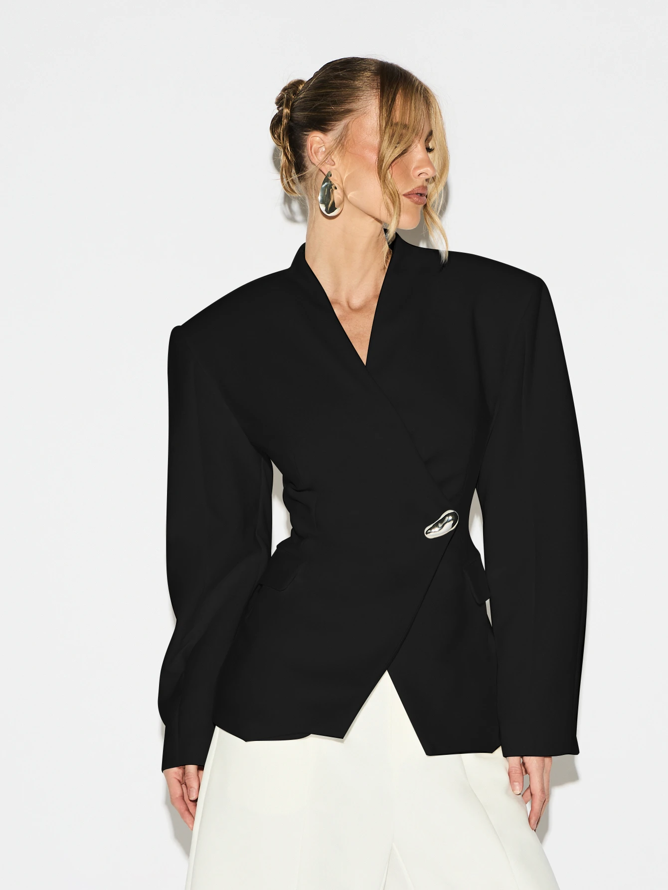 KIZN Shoulder Pad Wrap Blazer With Statement Button