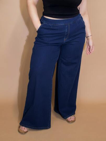 ELLERISSA ELLERISSA Pantalones vaqueros de tiro alto y pierna ancha con cintura elástica suelta y casual, color azul lavado, para vacaciones/fin de semana, tallas grandes para mujer