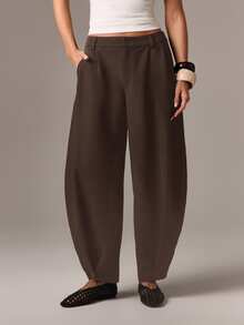 AiiRZ Barrel Leg Tapered High Waisted Wide Leg Trouser Pants For Professional Business Office Formal Wear Loose Fit Pleated Front - Chocolate Brown - View 1