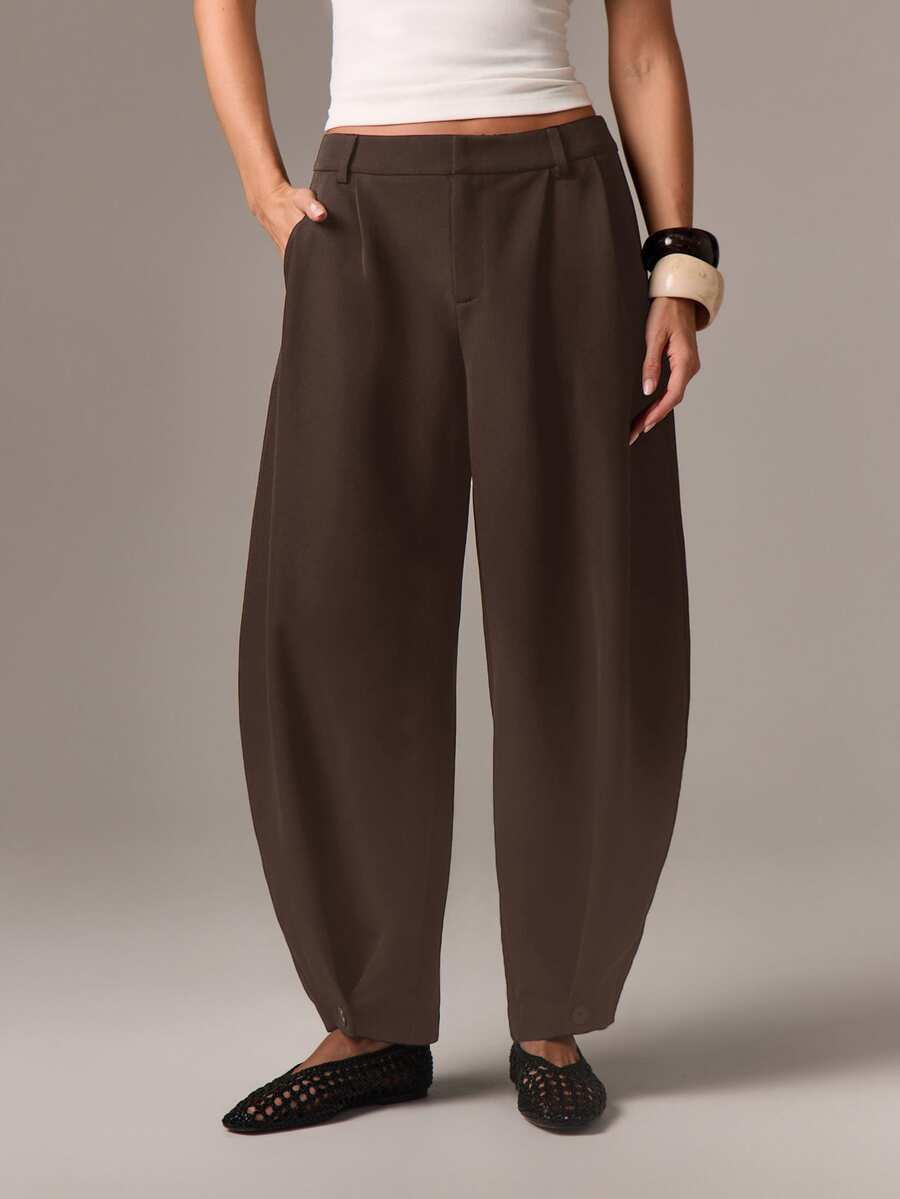 AiiRZ Barrel Leg Tapered High Waisted Wide Leg Trouser Pants For Professional Business Office Formal Wear Loose Fit Pleated Front - Chocolate Brown - View 1