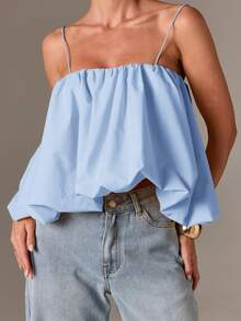 AiiRZ Bohemian Light Blue Ruched Cami Top With Balloon Hem Sleeveless Summer Festival Blouse Casual Feminine Tank - Blue - View 6