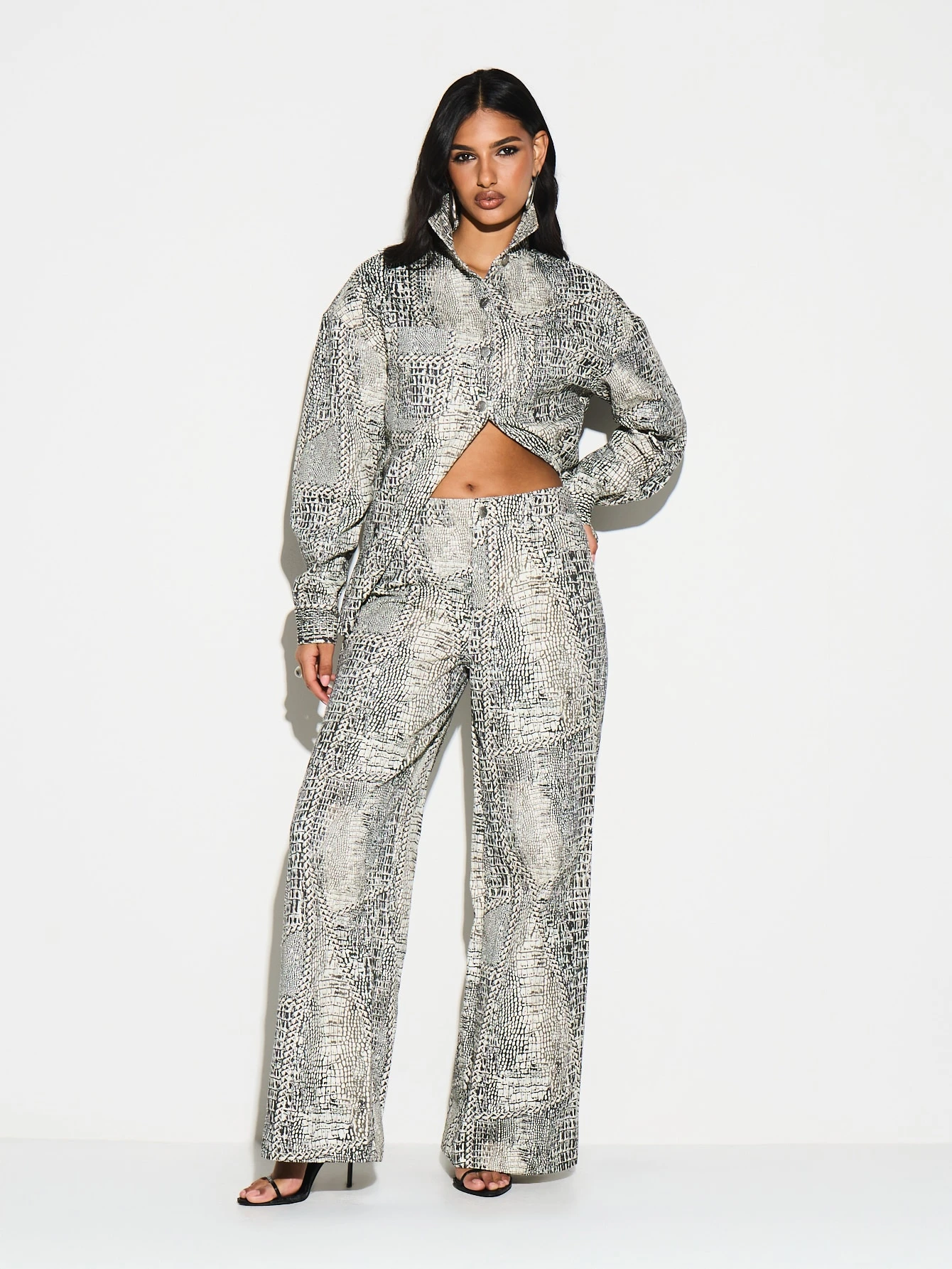 KIZN Snake Print Collared Button Front Shirt