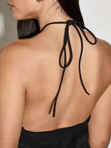 AiiRZ 蕾丝边饰露背吊带背心，缎面质感，后背系带设计，适合夏季晚间场合 - 黑色 - 查看 4