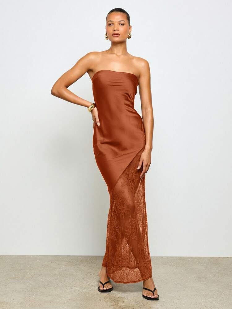 AiiRZ Strapless Maxi Dress With Lace Insert Skirt Formal Evening Gown Floor Length Sleeveless Bodycon Dress Party Wedding Guest Outfit