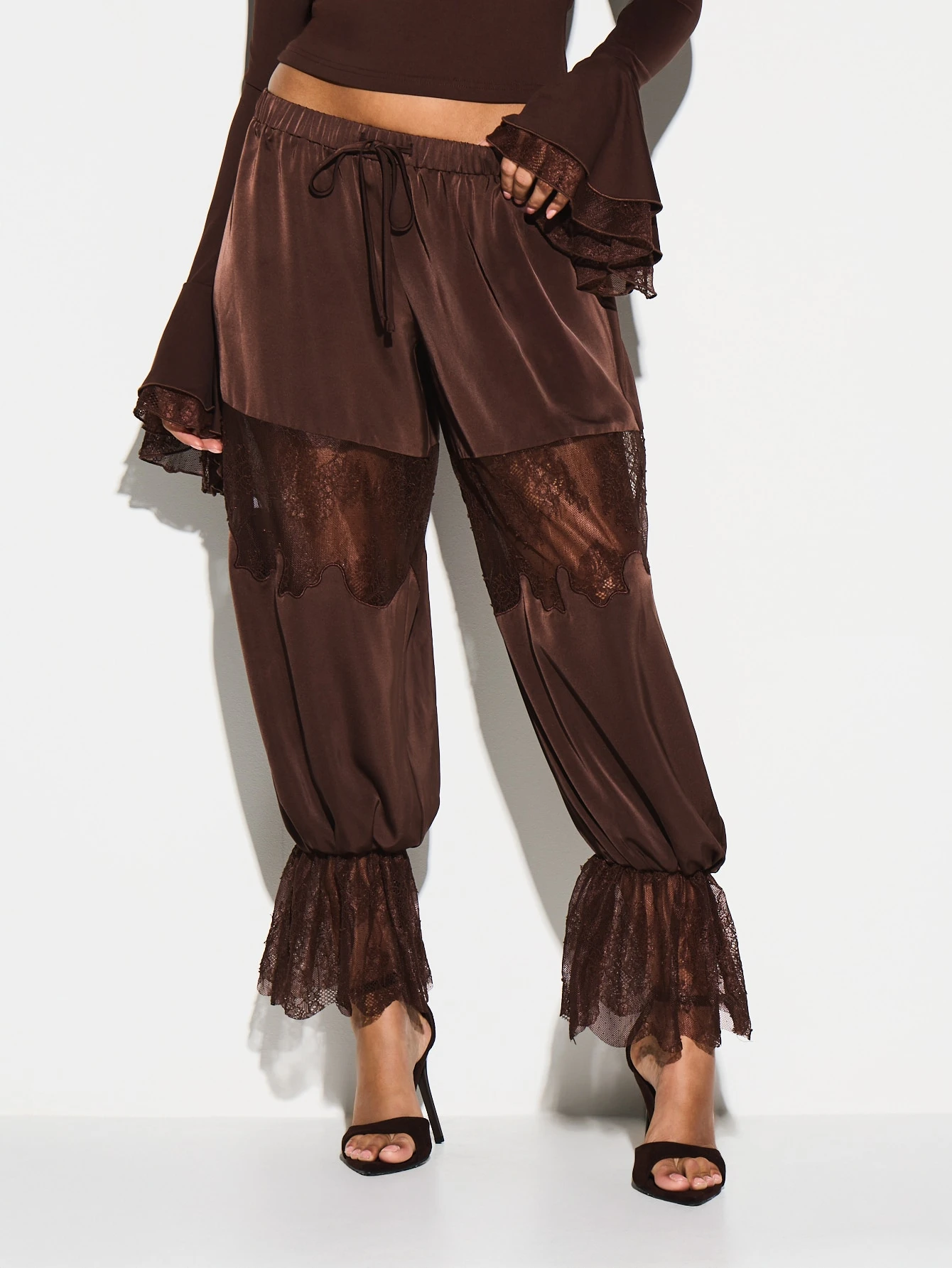 KIZN Lace Insert Wide Leg Palazzo Pants With Ruffle Details