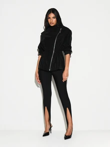 KIZN Funnel Neck Zip Front Cinched Waist Long Jacket With Quilted Texture And Silver Hardware For Fall Winter Outerwear - Black - View 5