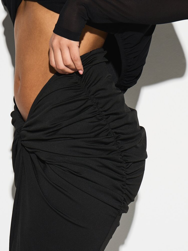 KIZN 裹身式长裙，修身扭结高开衩设计，适合情人节晚宴和正式场合 - 黑色 - 查看 4