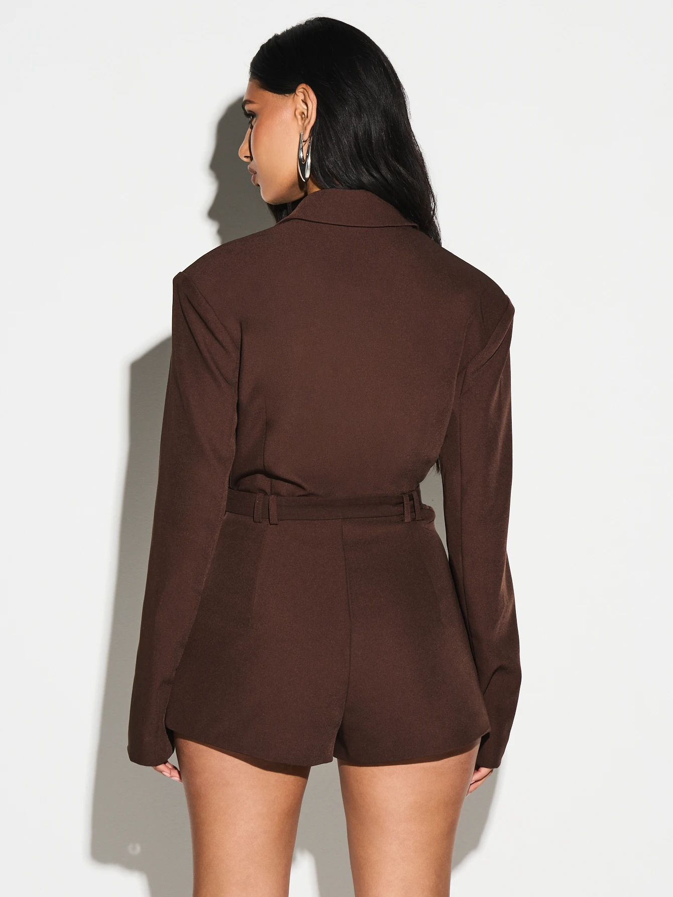 KIZN Long Sleeve Plunge Blazer Romper With Belt