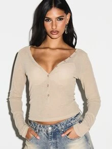 KIZN Lightweight Button Up Long Sleeve Crop Top With V Neckline Perfect For Layering Fall Winter - Khaki - View 4