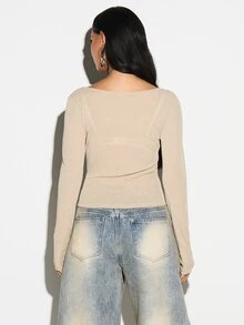 KIZN Lightweight Button Up Long Sleeve Crop Top With V Neckline Perfect For Layering Fall Winter - Khaki - View 2