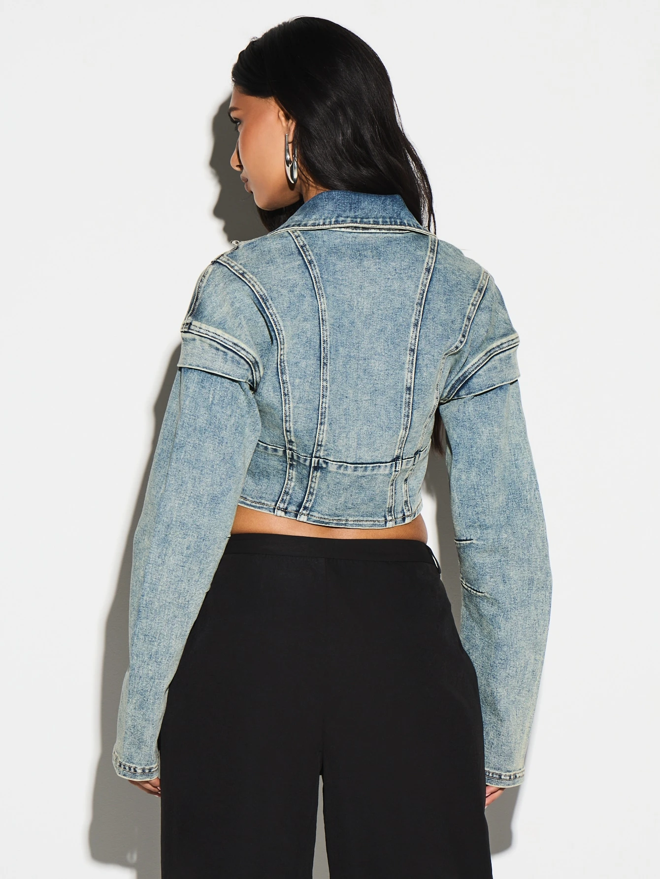 KIZN Vintage Wash Funnel Neck Cropped Denim Jacket