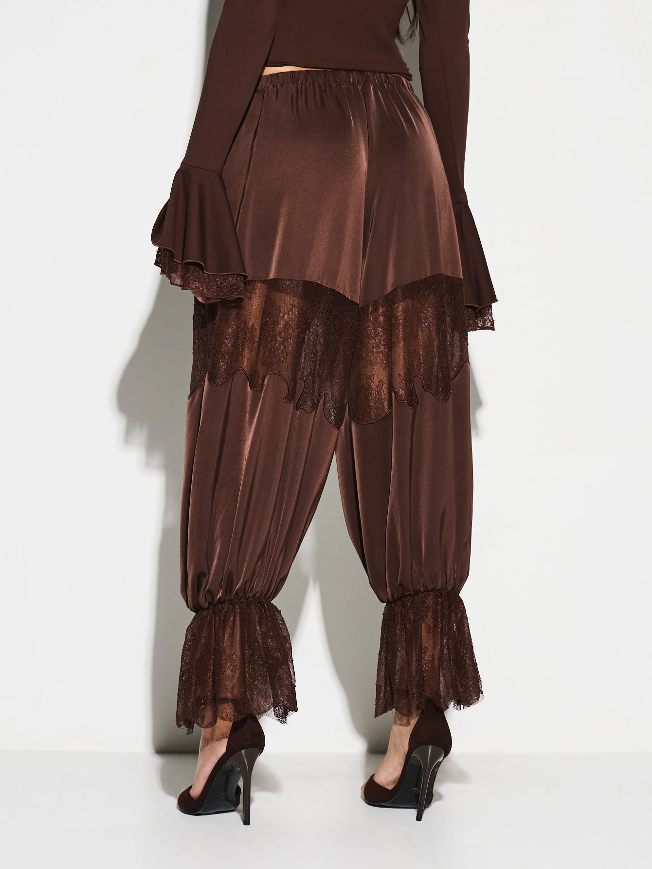 KIZN Lace Insert Wide Leg Palazzo Pants With Ruffle Details