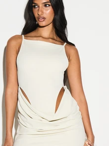 KIZN Women Boat Neck Cowl Overlay Side Cutout Ruched Asymmetrical Hem Sleeveless Maxi Dress Party Evening Formal Occasion Wear - Beige - View 3