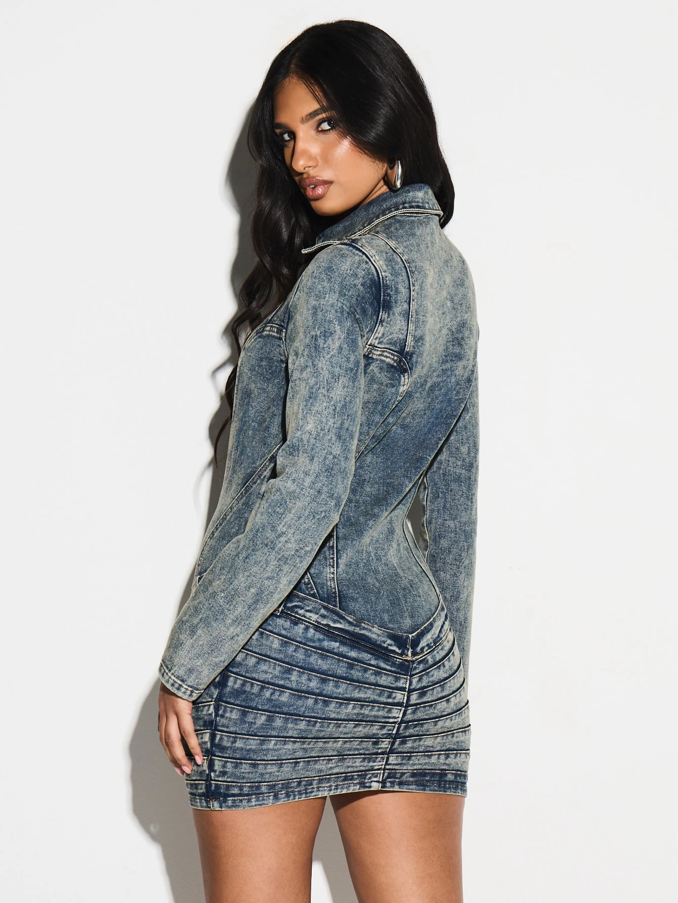 KIZN Vintage Wash Denim Mini Dress With Ruched Detailing