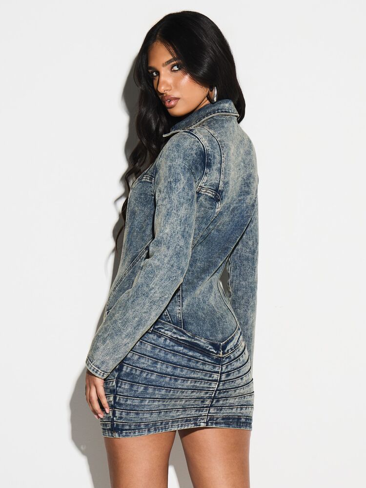 KIZN Vintage Wash Denim Mini Dress With Ruched Detailing