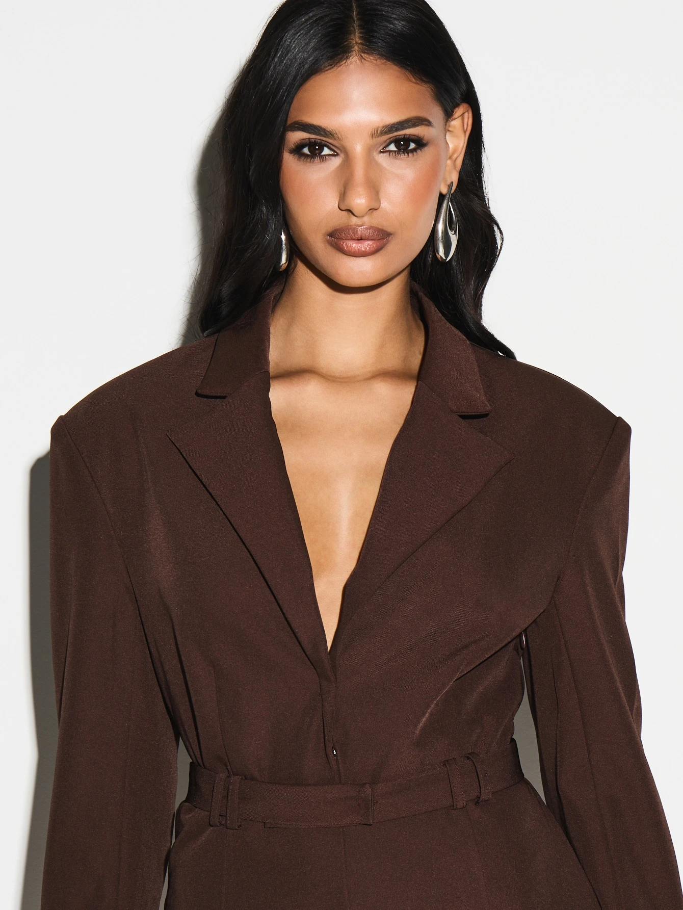 KIZN Long Sleeve Plunge Blazer Romper With Belt
