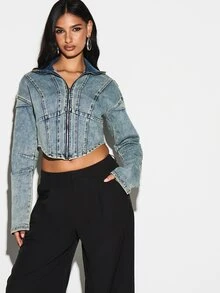 KIZN Jaqueta Denim Cropped com Gola Funil Lavagem Vintage, Detalhes de Costura Aparente, Manga Longa, Agasalho de Outono e Inverno - Azul - Visão 4